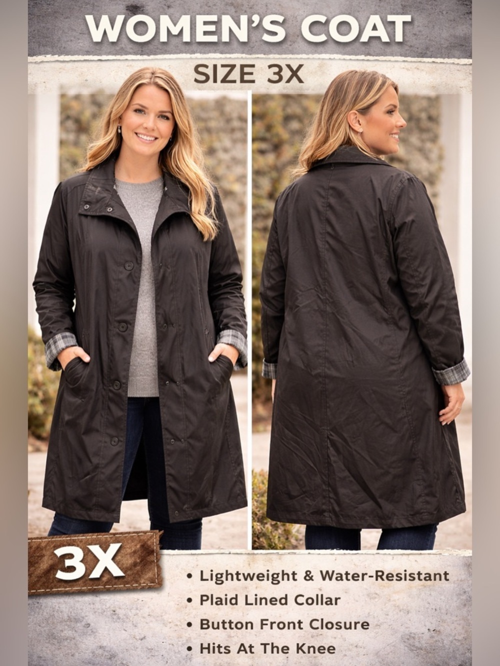 Maggie Barnes Black Knee-Length Trench Coat 3X
